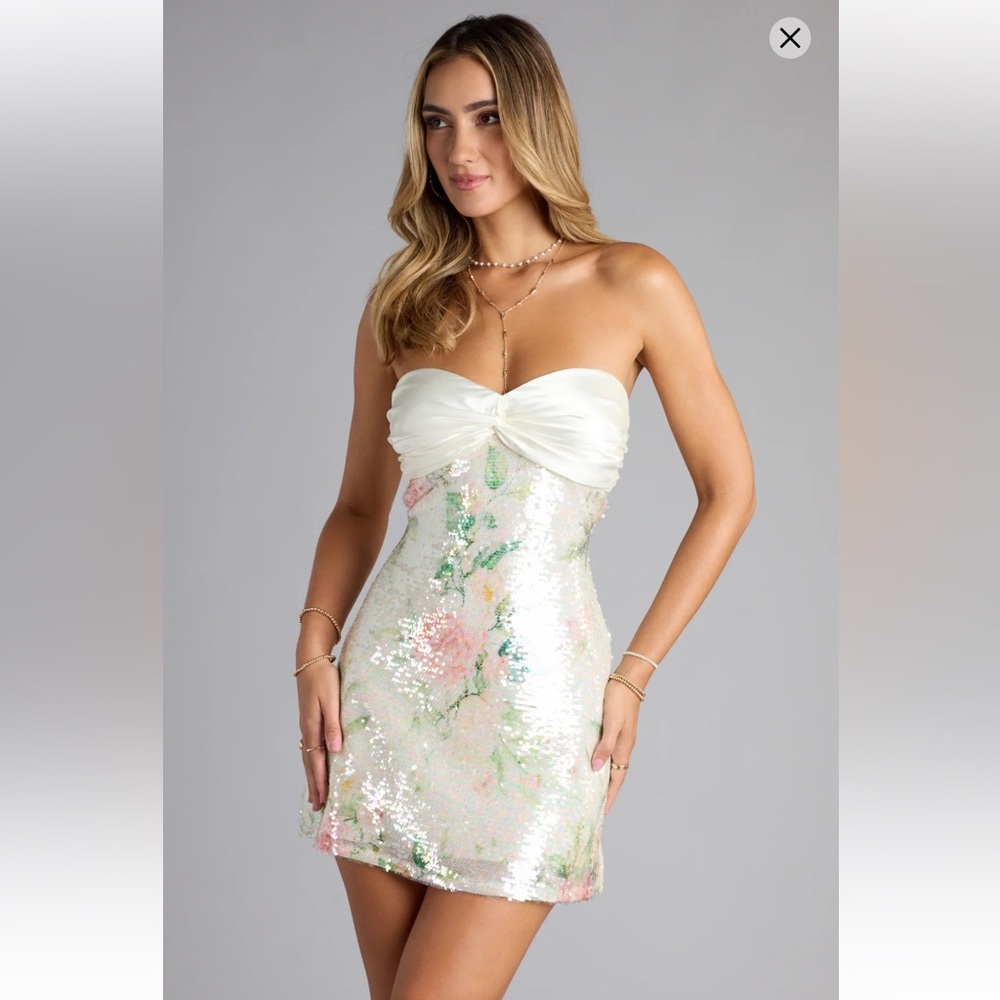 Windsor Lainey Strapless White Floral Sequin Dress with bow on back